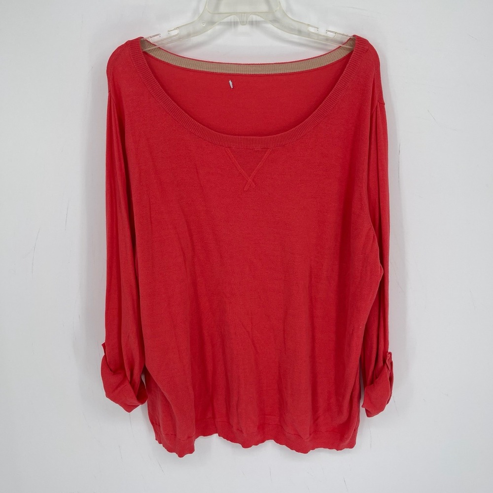 Women's Red Roll Tab Sleeve Scoop Neck Cotton Relaxed Fit Knit Top Size XL